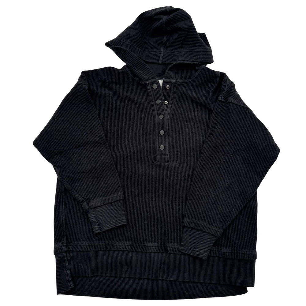 Aerie Black Ribbed Henley Hoodie Oversized Snap Neck Pullover Small